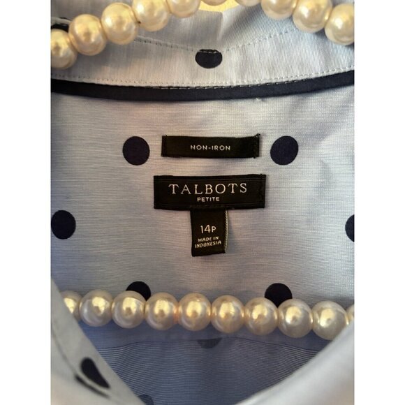 Talbots Petite Womens Size 14P Blue Polka Dot Blouse Non-Iron Cotton - Picture 4 of 4